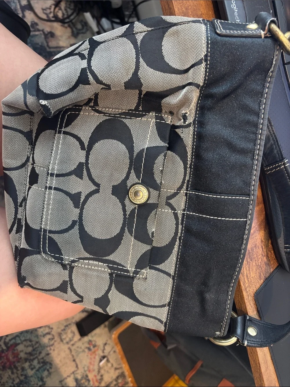Coach Black and Khaki Signature Canvas Bag